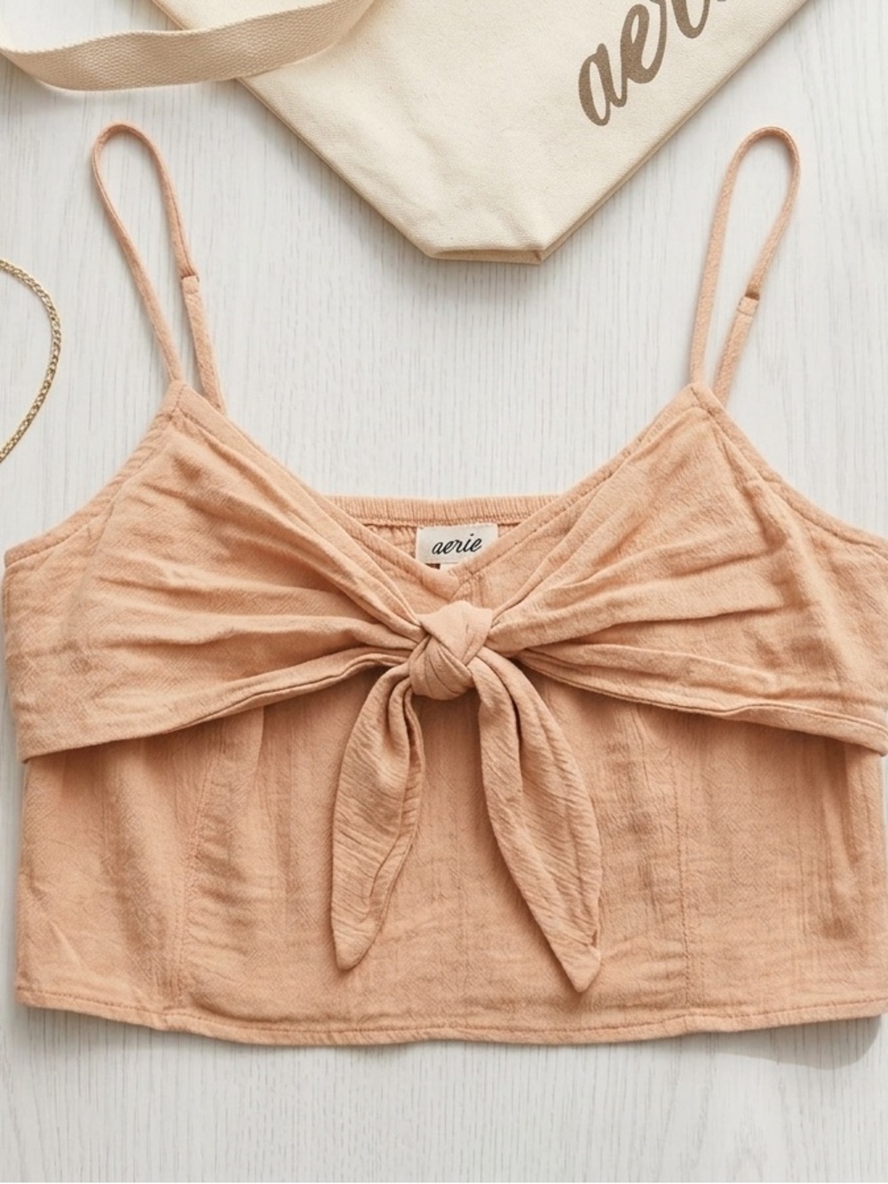 Aerie Tie-Front Gauze Cropped Cami Top Peach Neutral - Size M